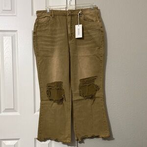 Zenana Outfitters Tan Distressed Wide Leg Jeans